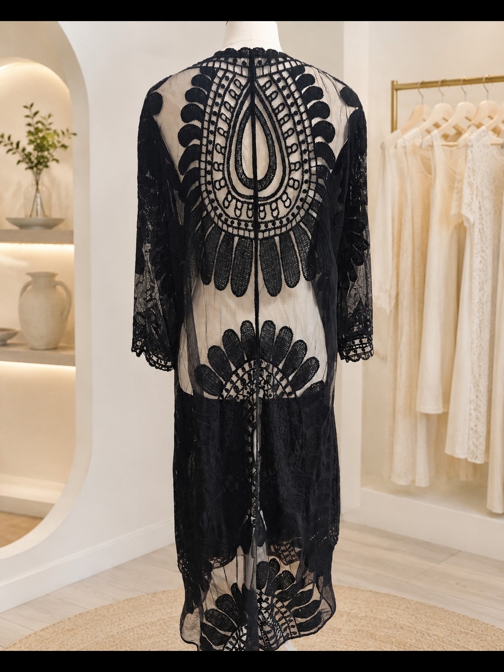 Adiva Black Lace Sheer Crochet Swim Cover-Up Kimono - Picture 3 of 6